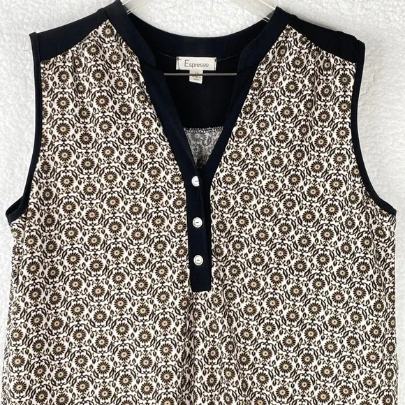 Espresso Womens 1X Black White Tan Medallion Henley Sleeveless Shift Dress - Picture 2 of 8